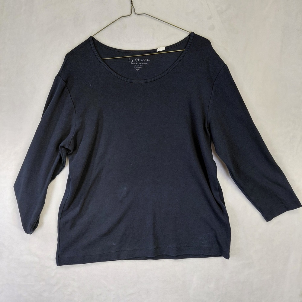 Chicos Navy Blue Scoop Neck 3/4 Sleeve Cotton Blend Top Size 2 Large